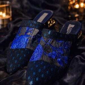 Blue Embroidered Pointed Toe Mule Heels | Black Mesh Lace Slip On